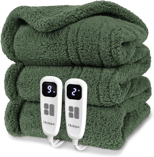 Heated Blanket Electric Blanket Queen - Fast Heating Blanket Throw Dual Control Double Sided Sherpa with 10 Heating Levels & 2-10 Hours Auto Off, Mashine Washable, 84 x 90 Inches, Green