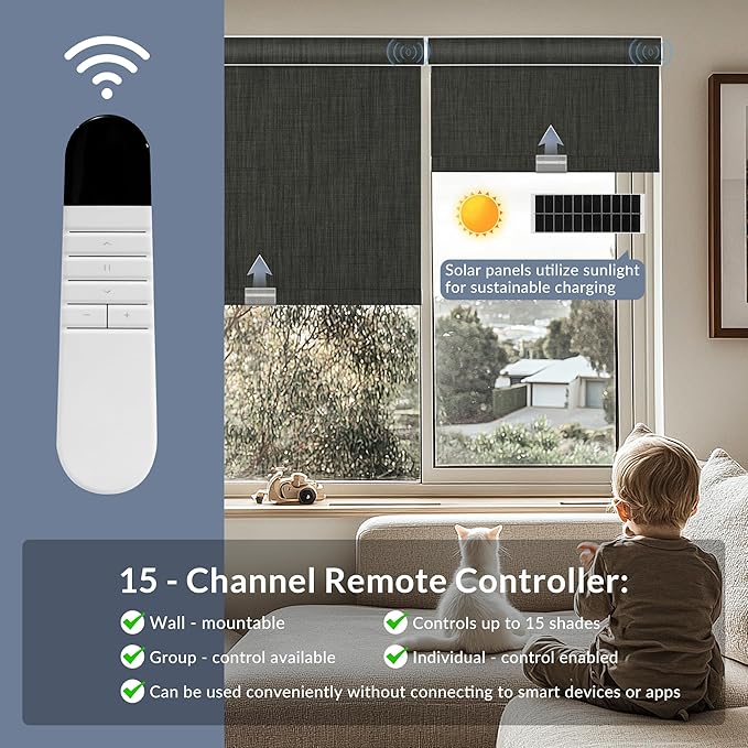 Boolegon Motorized Roller Blinds - 100% Blackout Smart Electric Shades with Remote, Compatible with Alexa/Google Home/HomeKit via Hub, Easy Install for Home Office, Dark Grey, Custom Size.