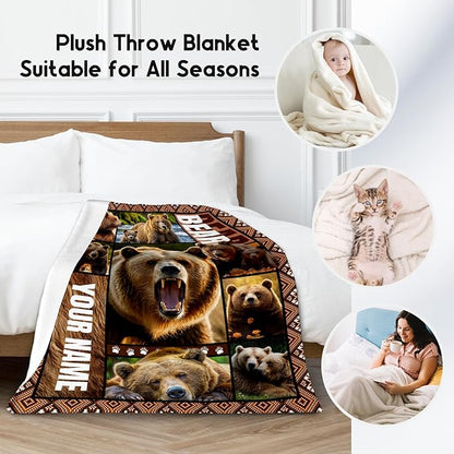 Personalized Blankets for Dad, Custom Bear Blanket Gifts for Men Boys Adults, 60"x80" Forest Animal Throw Gift for Hunters - Soft, Fuzzy & Cozy Flannel Throws Wildlife Country Decor