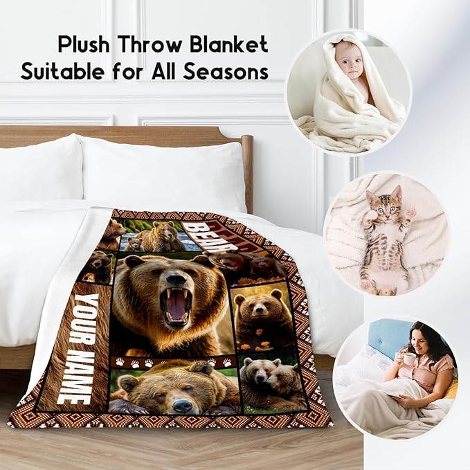 Personalized Blankets for Dad, Custom Bear Blanket Gifts for Men Boys Adults, 30"x40" Forest Animal Throw Gift for Hunters - Soft, Fuzzy & Cozy Flannel Throws Wildlife Country Decor