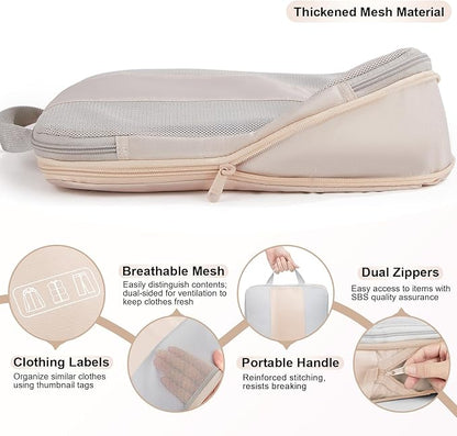 2 Set Compression Packing Cubes for Travel Essentials,Compressible Expandable Packing Cubes for Suitcase,OlarHike Luggage Organizer Bags for Travel,Handy Helper for Organizing Clothes(Beige)