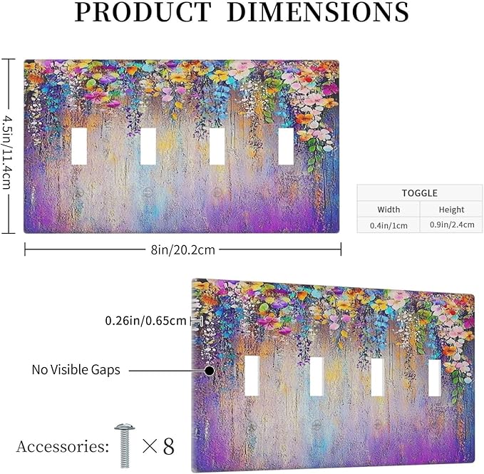 Colorful Country Flower Wildflower Floral Light Switch Covers Quad Toggle Electrical Faceplate 4 Gang Wall Plate Decorative Switch Plates For Bed Room Living Room Decor
