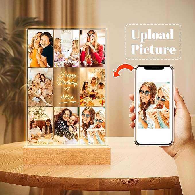 Custom Picture Frames with Photos, Personalized Photo Frame with Night Light, Customized Picture Frame, Personalized Birthday Gifts for Women Men Her Him Best Friends Wife Mom Dad Family Kid Baby