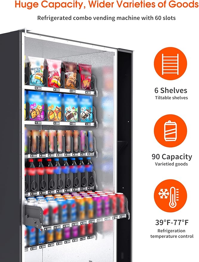 Afen Commercial Vending Machine Snack & Drink 60 Slot Refrigerated Soda Combo Vending Machine for Business Fatory Bulk Cashless, Bill Acceptor and Card Reader