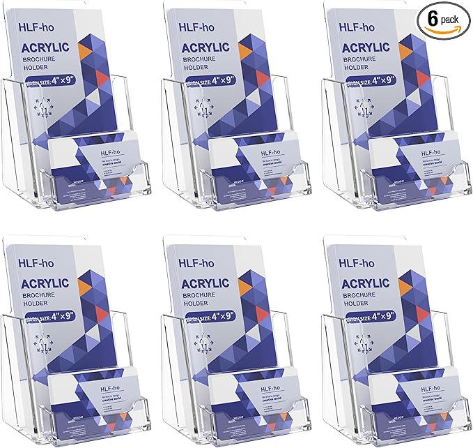 Brochure Holder 4x9 Inch Acrylic Literature Holders Clear Flyer Display Stand with Business Card Slot Pamphlet Holder Multi Purpose Organizer for Office, Lobby, Hotels, Trade Shows, 6 Pack