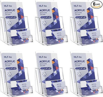 Brochure Holder 4x9 Inch Acrylic Literature Holders Clear Flyer Display Stand with Business Card Slot Pamphlet Holder Multi Purpose Organizer for Office, Lobby, Hotels, Trade Shows, 6 Pack