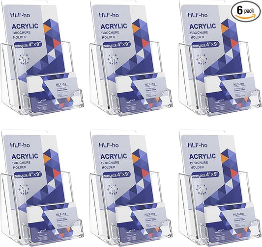 Brochure Holder 4x9 Inch Acrylic Literature Holders Clear Flyer Display Stand with Business Card Slot Pamphlet Holder Multi Purpose Organizer for Office, Lobby, Hotels, Trade Shows, 6 Pack