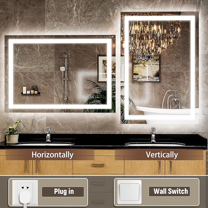 GLSLAND 26"x38" LED Bathroom Mirror with Lights, Dimmable Front and Backlit Vanity Mirrors, Wall Mounted Anti-Fog Lighted Mirror, Horizontal/Vertical Hanging