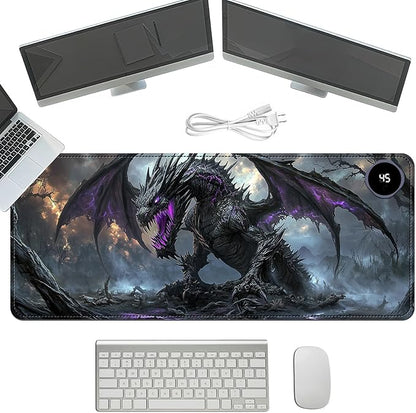 Heated Mouse Pad with 3 Temperature Settings(104°F–122°F),Large 31.5x13 Inch PU Leather Heated Desk Mat,Waterproof Warming Pad for Office,Gaming & Cold Hands Relief,Dark Dragon Fantasy