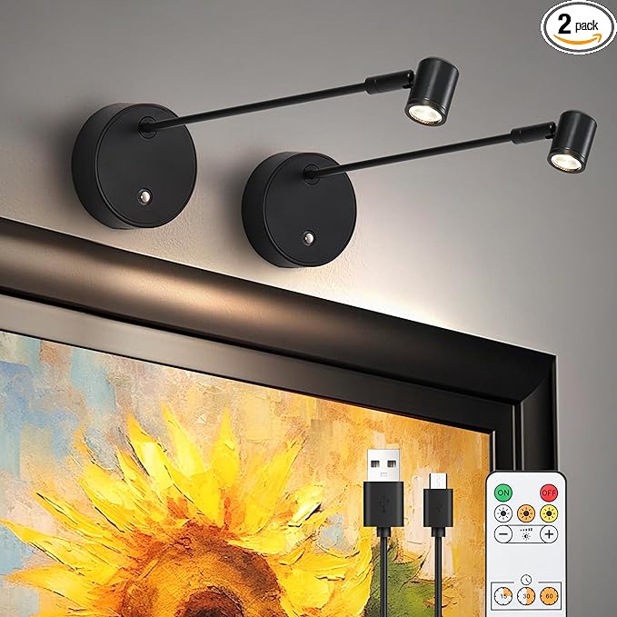 ZitoStory Lights for Pictures On Wall, Battery Operated Picture Light Rechargeable, Black Led Art Lighting for Paintings Wireless with Remote Magnetic Stick Dimmable and Timer（2 Pack）