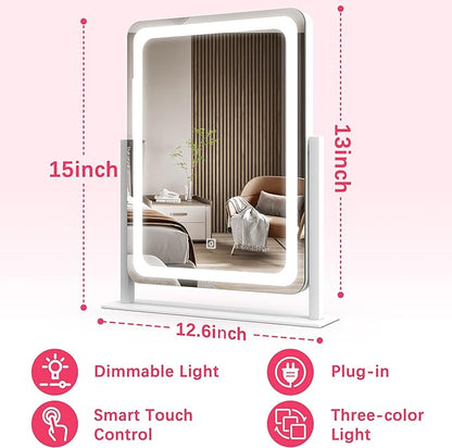 ROLOVE Vanity Mirror with Lights, 12.6"×15" LED Makeup Mirror, Lighted Makeup Mirror with Lights, Smart Touch Control Dimmable 3 Modes Light, Lighted Up Mirror for Makeup Desk, Bedroom, Dressing Room
