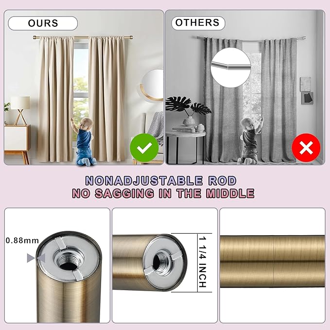 Heavy Duty Curtain Rods,1 1/4" Large Diameter Premium Nonadjustable Curtain Rod,132in/11ft Custom Window Treatment Rods with Durable Aluminum Brackets and End Caps,Antique Bronze Finish