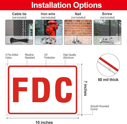 FDC Sign, 2 Pack Outdoor Aluminum Metal Sign, FDC Signs for Fire Department Connection, UV Protected Weather Resistant and Easy to Install (White Color, 10 x 7 inches)