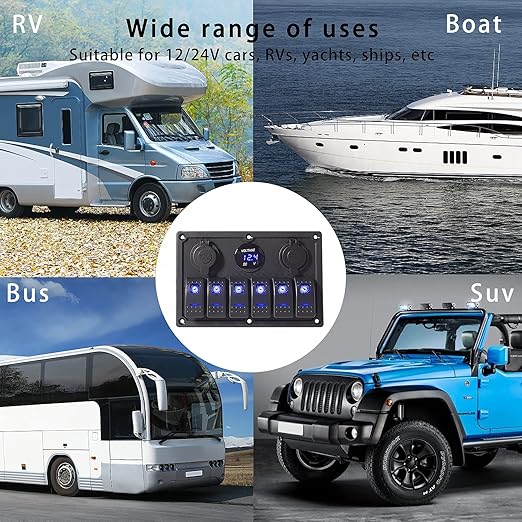 6 Gang Rocker Switch Panel, LED Digital Voltmeter with 3.1A Dual USB Charger, 12/24V Wired Toggle Switch Panel for Automotive Cars Marine Boats RVs