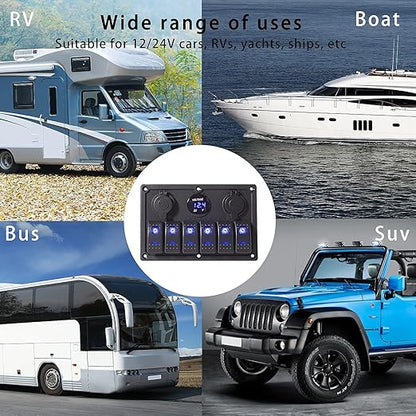 6 Gang Rocker Switch Panel, LED Digital Voltmeter with 3.1A Dual USB Charger, 12/24V Wired Toggle Switch Panel for Automotive Cars Marine Boats RVs