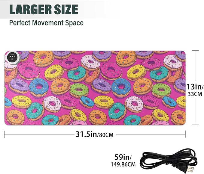 Heated Desk Pad Mouse Pad 31.5x13 Inch PU Leather Desk Mat with 3 Heat Levels Large Mouse Gaming Computer Laptop Mat Cute Donuts Colorful