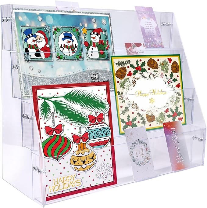 GLOBLELAND 4-Tier Clear Acrylic Sticker Display Stand Sticker Display Rack Holder Portable Card Display Rack for Greeting Cards Vendors Retail Business Brochure Postcard