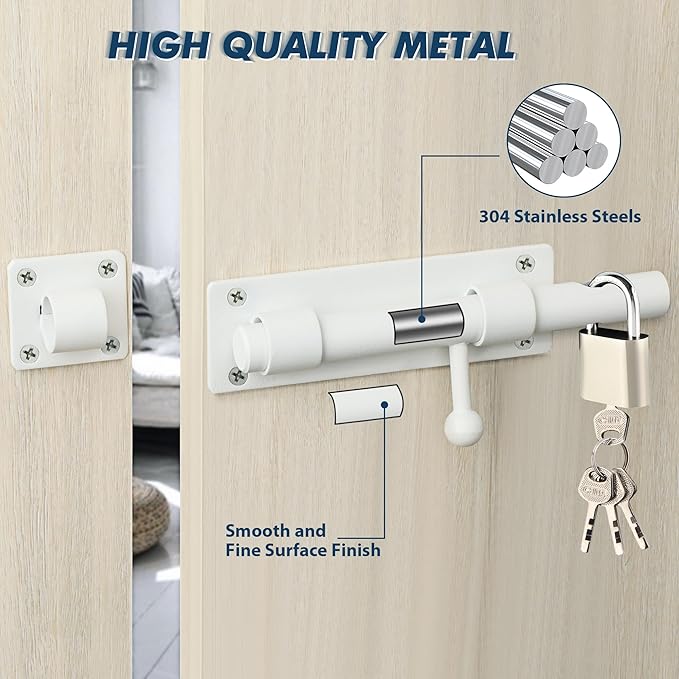 Alise 6 inch Barrel Bolt Latch,Slide Bolt Latch,Heavy Duty Solid SUS304 Stainless Steel Slide Lock for Wooden Fence,Barn Door,Interior or Outdoor Door White MS8000-W