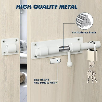 Alise 6 inch Barrel Bolt Latch,Slide Bolt Latch,Heavy Duty Solid SUS304 Stainless Steel Slide Lock for Wooden Fence,Barn Door,Interior or Outdoor Door White MS8000-W
