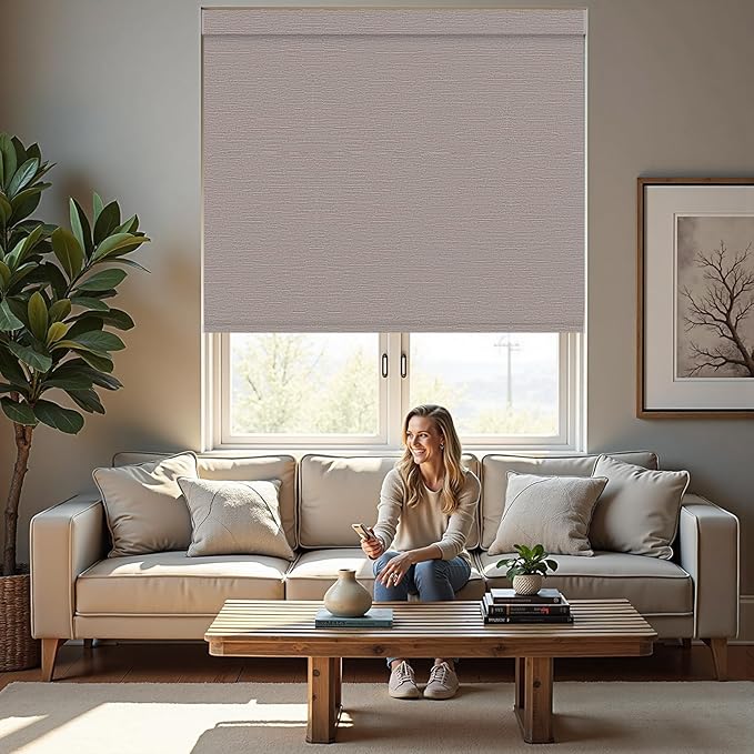 Motorized Roller Blinds with Remote, 100% Blackout Automatic Roller Shades for Bedroom, Bathroom, and Living Room, Customized Size, Woven Tapestry Brown