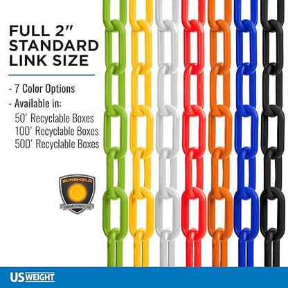 US Weight (Made in USA) 2" x 50' Red Plastic Safety Chain ft. SunShield UV Resistant Technology