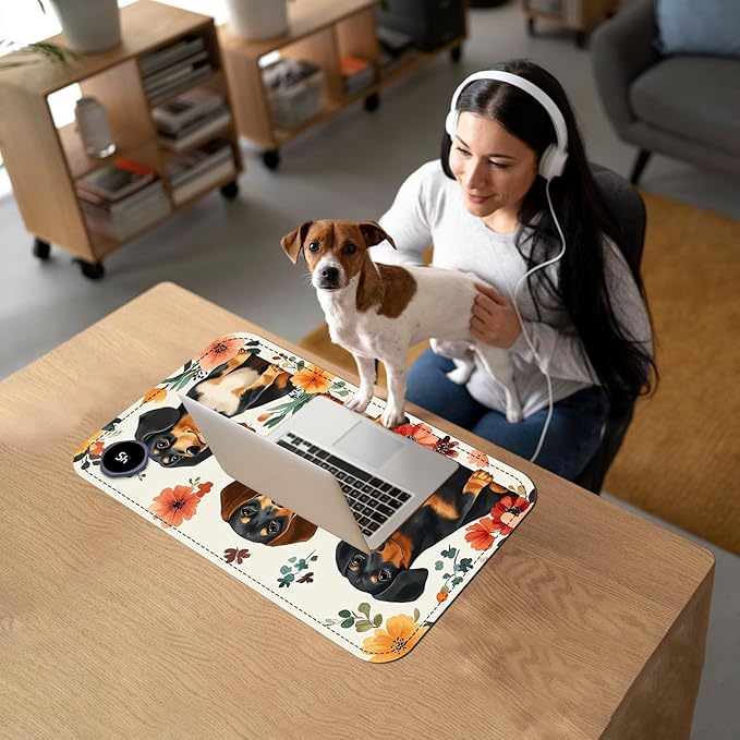 Heated Mouse Pad with 3 Temperature Settings(104°F–122°F),Large 24x14.2 Inch PU Leather Heated Desk Mat,Waterproof Warming Pad for Office,Gaming & Cold Hands Relief,Dogs and Flowers