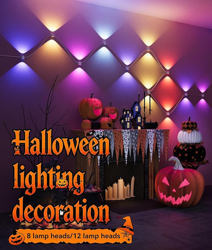 8 Lamp RGBCW Indoor Wall Lights, Up Down Lighting Bedroom Wall Sconces, Music Sync, DIY Styling White Color Changing Wall Lamps For Living room, Party, Home Decor, Compatible Alexa/Google Assistant