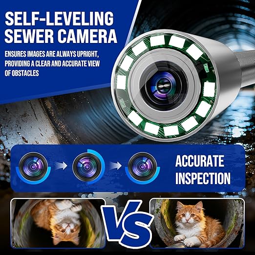 Sewer Camera Self-Leveling, 100ft Drain Camera with Meter Counter, 9-inch HD, Plumbing Cameras Snake with 12 LED Lights, 5100mAh Battery, IP68 & 32GB DVR Recording for Duct Sewer Line Pipe Inspection