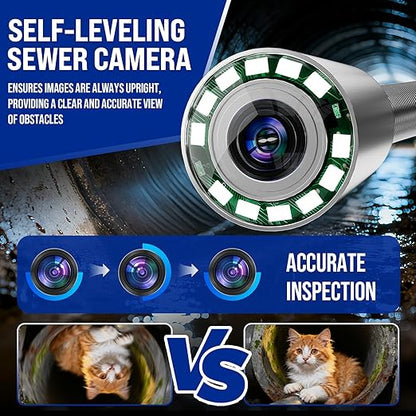 Sewer Camera Self-Leveling, 100ft Drain Camera with Meter Counter, 9-inch HD, Plumbing Cameras Snake with 12 LED Lights, 5100mAh Battery, IP68 & 32GB DVR Recording for Duct Sewer Line Pipe Inspection