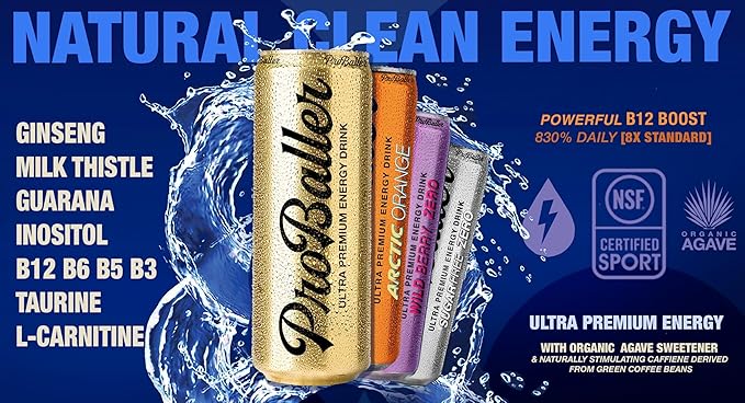 ProBaller Ultra Premium Zero Sugar Energy Drink - Natural & Clean NSF Certified Sport Drink with Amino Acids, Taurine, Biotin, Vitamin B 12 Methylcobalamin, & Electrolytes - 15 Pack - Blue Raspberry