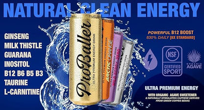 ProBaller Ultra Premium Energy Drink - Natural Clean NSF Certified Sport Drink with Amino Acids, Taurine, Biotin, Organic Agave, Vitamin B 12 Methylcobalamin, & Electrolytes - 15 Pack - Spurs Edition
