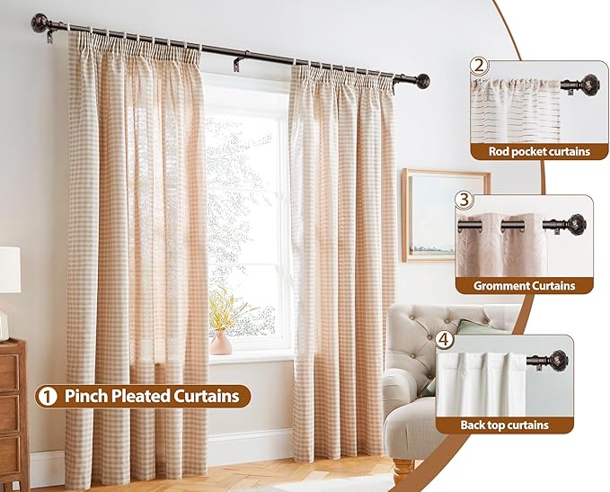 TONIAL Bronze Curtain Rod 32 to 86 Inches, 7/8 Adjustable Curtain Rods for Windows 20 to 82 Inches, Splicing Drapery Rods Heavy duty with Netted Texture Finials
