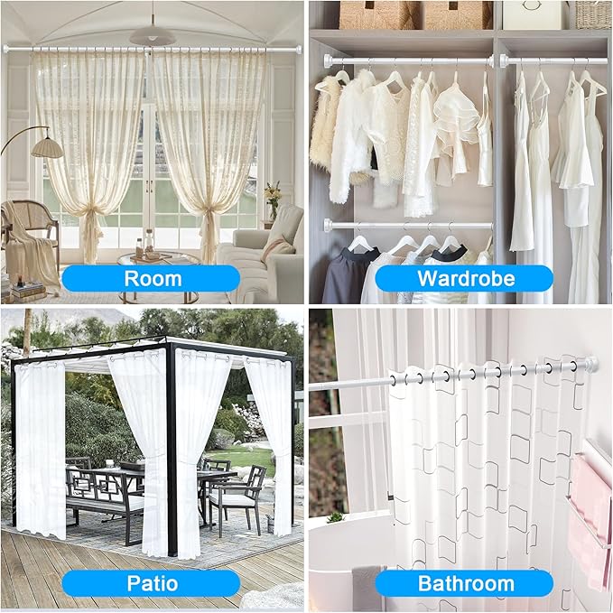 TEECK Shower Curtain Rod, 32-92 inch Adjustable Spring Tension Curtain Rod, Never Rust Anti-Slip Shower Curtain Rod for Bathroom, No Drilling, Never Collapse, Easy to Use, White