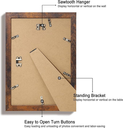 iRahmen 8x12 Picture Frame Set of 4 with High Definition Real Glass, Display 6x8 Pictures with Mat or 8 x 12 Without Mat, Wood Rustic Photo Frames for Tabletop and Wall Mounting