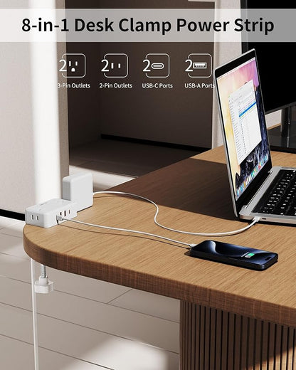 Desk Clamp Power Strip, Desktop Mount Charging Station with 4 Outlets 4 USB Ports (2 USB C), 10Ft Under Desk Power Strip, Fits 2.75" Tabletop Edge, Extension Cord for Home Office, White