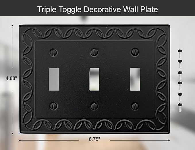 Triple Toggle Light Switch Cover NovaBloom Metal Wall Plate, 2-Pack Black 3 Gang, Light Switch Cover Decorative Wallplate, Durable