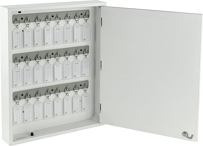 Acrimet 24-Key Cabinet with Lock, Wall Mount Wooden Key Organizer, Security Key Storage Box (24 Positions) with Numbered Hooks & Crystal Key Tags – Commercial & Home Use (White)