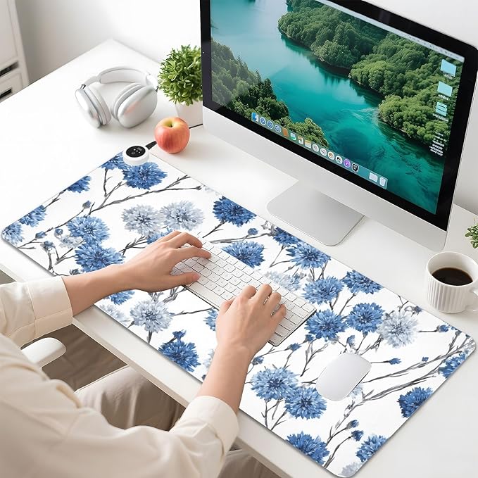 Heated Desk Pad Mouse Pad 31.5x13 Inch PU Leather Desk Mat with 3 Heat Levels Large Mouse Gaming Computer Laptop Mat Washable Chinese Style Cornflower
