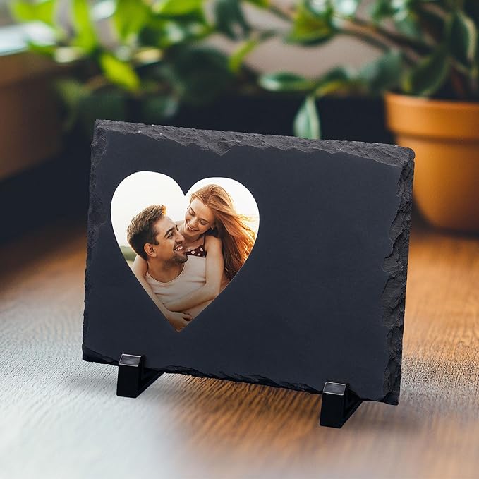 ArtPix 3D Christmas Personalized Slate Plate, Customized Xmas Photo Print Stone, Custom Picture Gift for Wife, Women, Family, Her, Him, Rock Slate Plaque Frame (Medium - Heart White Patch)