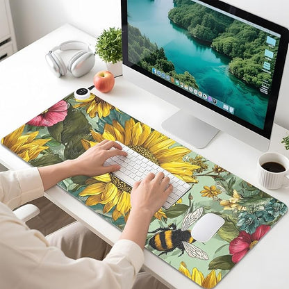 Heated Desk Pad Mouse Pad 31.5x13 Inch PU Leather Desk Mat with 3 Heat Levels Large Mouse Gaming Computer Laptop Mat Bees Sunflowers Leaves Green