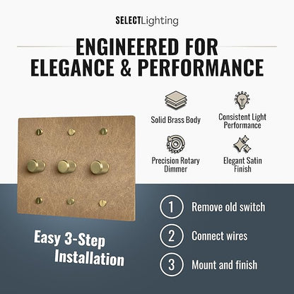 SELECT Vintage Brass Dimmer Light Switch, 1 Way Rotary Dimmer, 3 Gang TRIAC/Leading Edge Dimmable LED Light Switch, 15A 120V AC with Brass Knob, Faceplate & Dimming Module, UL Listed