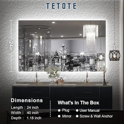 TETOTE 40 x 24 Inch LED Backlit Bathroom Vanity Mirror with Light,Anti-Fog,Dimmable,CRI90+,Touch Button,Water Proof,Horizontal/Vertical,Wall Mounted Lighted Mirror