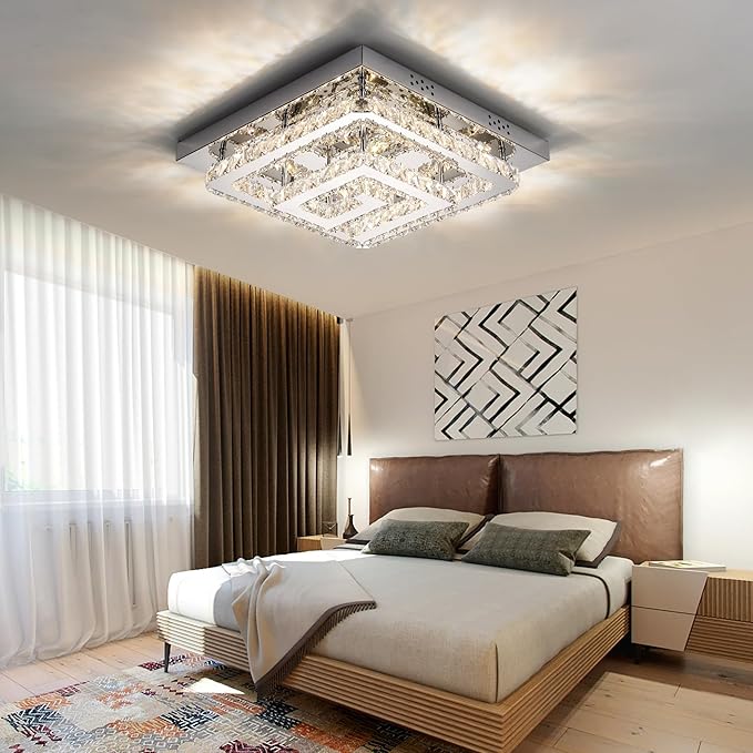 25" Modern Crystal Chandelier with Remote/App Control, Dimmable Flush Mount Ceiling Light Fixture, 3-Color Temperature, Led Ceiling Lamp for Living Room Bedroom Kitchen Dining Room Entryway