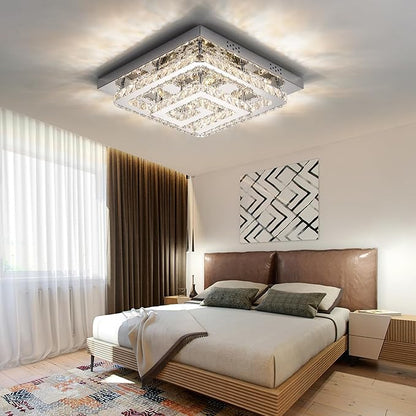 25" Modern Crystal Chandelier with Remote/App Control, Dimmable Flush Mount Ceiling Light Fixture, 3-Color Temperature, Led Ceiling Lamp for Living Room Bedroom Kitchen Dining Room Entryway