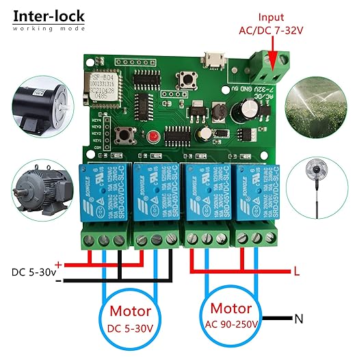 Jane Eyre 4 Channel WiFi instantaneous Jog Relay self-Locking Switch Module DIY Garage Door Switch Module Ewelink APP Control, Compatible with Alexa Goolge Assistant