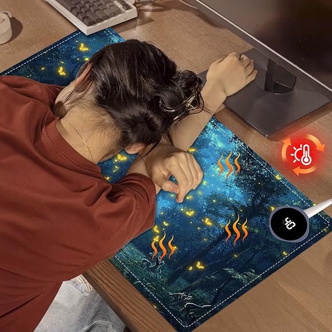 Heated Mouse Pad 23.6 x 14 in 3-Temp Fast Heating Desk Mat with Auto Timer Warmer for Hands Wrist Pain Relief Waterproof Keyboard Mat for Office, Gaming, Home, Enchanted Forest Glow