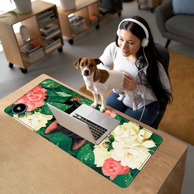 Heated Mouse Pad with 3 Temperature Settings(104°F–122°F),Large 31.5x13 Inch PU Leather Heated Desk Mat,Waterproof Warming Pad for Office,Gaming & Cold Hands Relief,Flower Black Cat Art