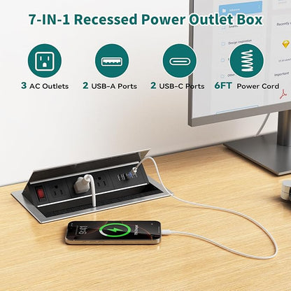 QBA Tabletop Brush Connectivity Box Outlet, Recessed Power Strip with USB-C 30W, 3 TR Outlets, 4 USB Ports, for Home Office, Silver