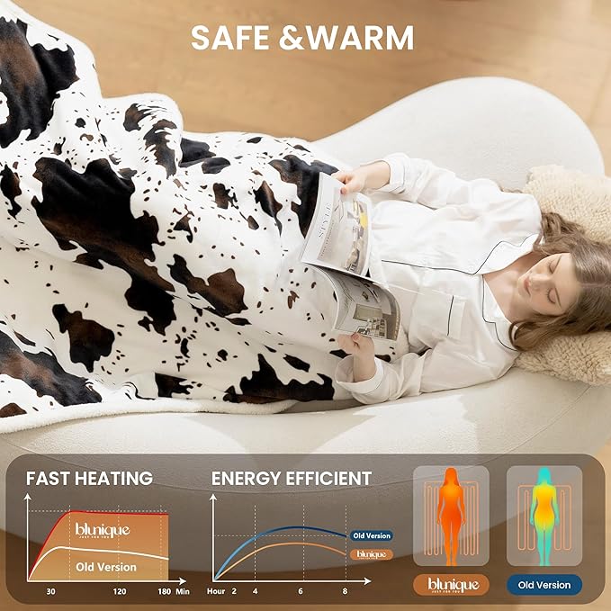 Cow Print Heated Throw Blanket Electric Blanket-Heating Blanket Throw with 10 Heat Levels & 10 Hours Auto Off, Cozy Soft Fleece Sherpa, Washable, 50 x 60 Inches Cow Print White