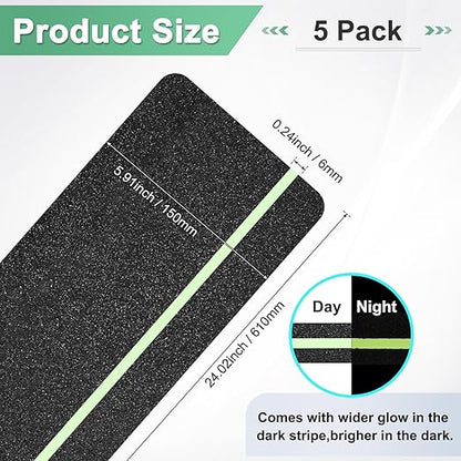 5-Pack Anti Slip Traction Tape 24" x 6" Best Grip Tape Grit with 6mm/0.24" Glow in Dark Stripe High Traction Friction Abrasive Adhesive for Indoor/Outdoor Stairs[Black+Green]
